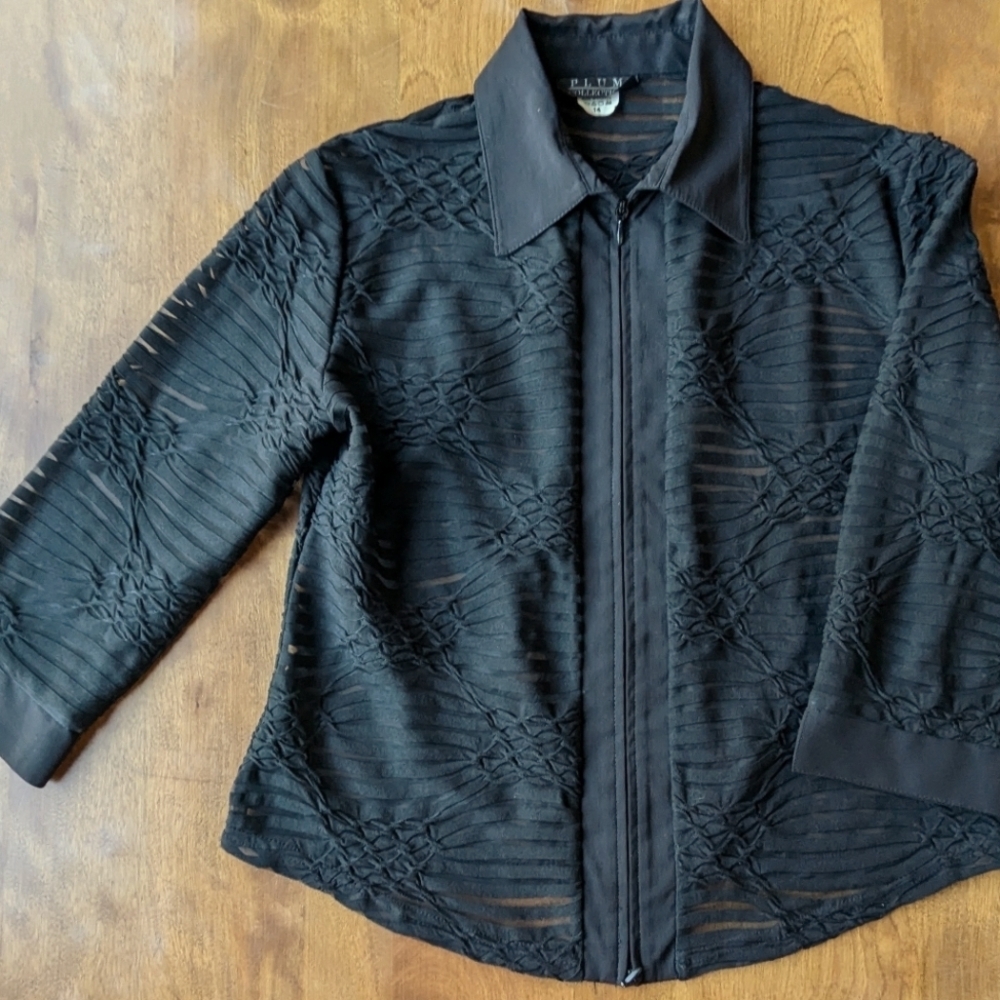 100. 1990s sheer boxy zippered jacket black collared blazer